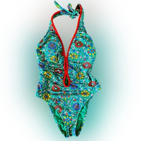 Rhode Floral One Piece Swimsuit - S Green and Red, nylon spandex - Picture 1 of 4